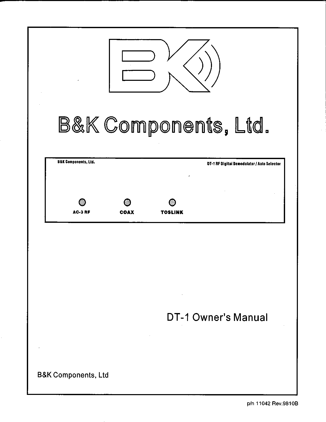 B&K Components, Ltd. DT-1 Owner's Manual (Instant Download)