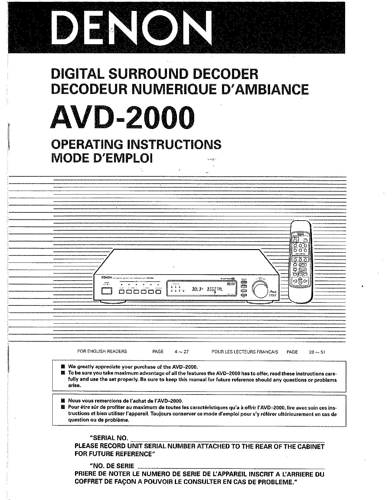 DENON DIGITAL SURROUND DECODER AVD-2000 OPERATING INSTRUCTIONS / MODE D'EMPLOI (Instant Download)