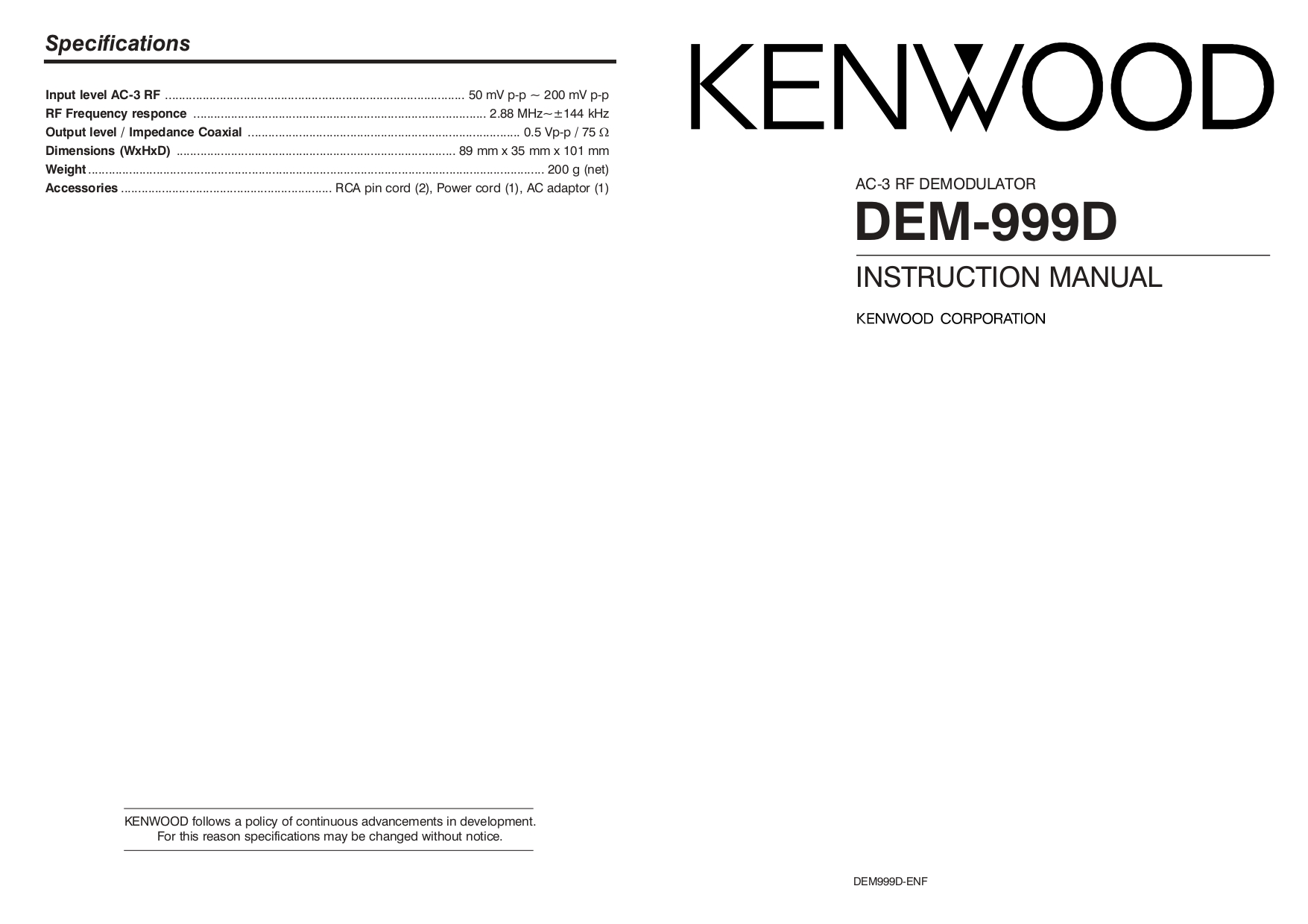 KENWOOD AC-3 RF DEMODULATOR DEM-999D INSTRUCTION MANUAL (Instant Download)