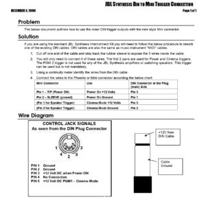JBL Synthesis Din to Mini Trigger Connection Technical Bulletin (Instant Download)