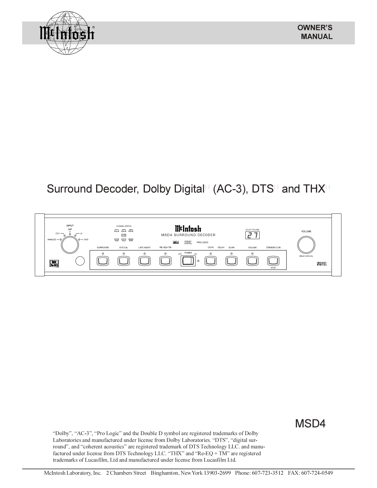 McIntosh Surround Decoder, Dolby Digital® (AC-3), DTS and THX MSD4 Owner's Manual (Instant Download)