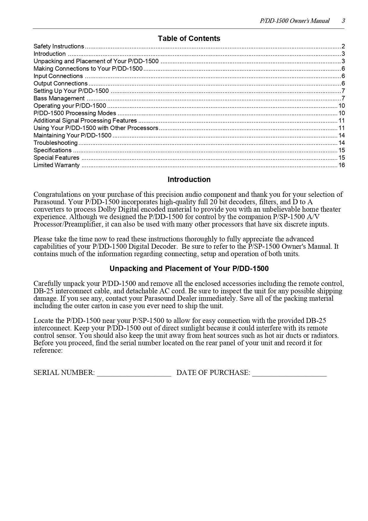 PARASOUND P/DD-1500 Digital Surround Processor Owner's Manual (Instant Download) - Image 3