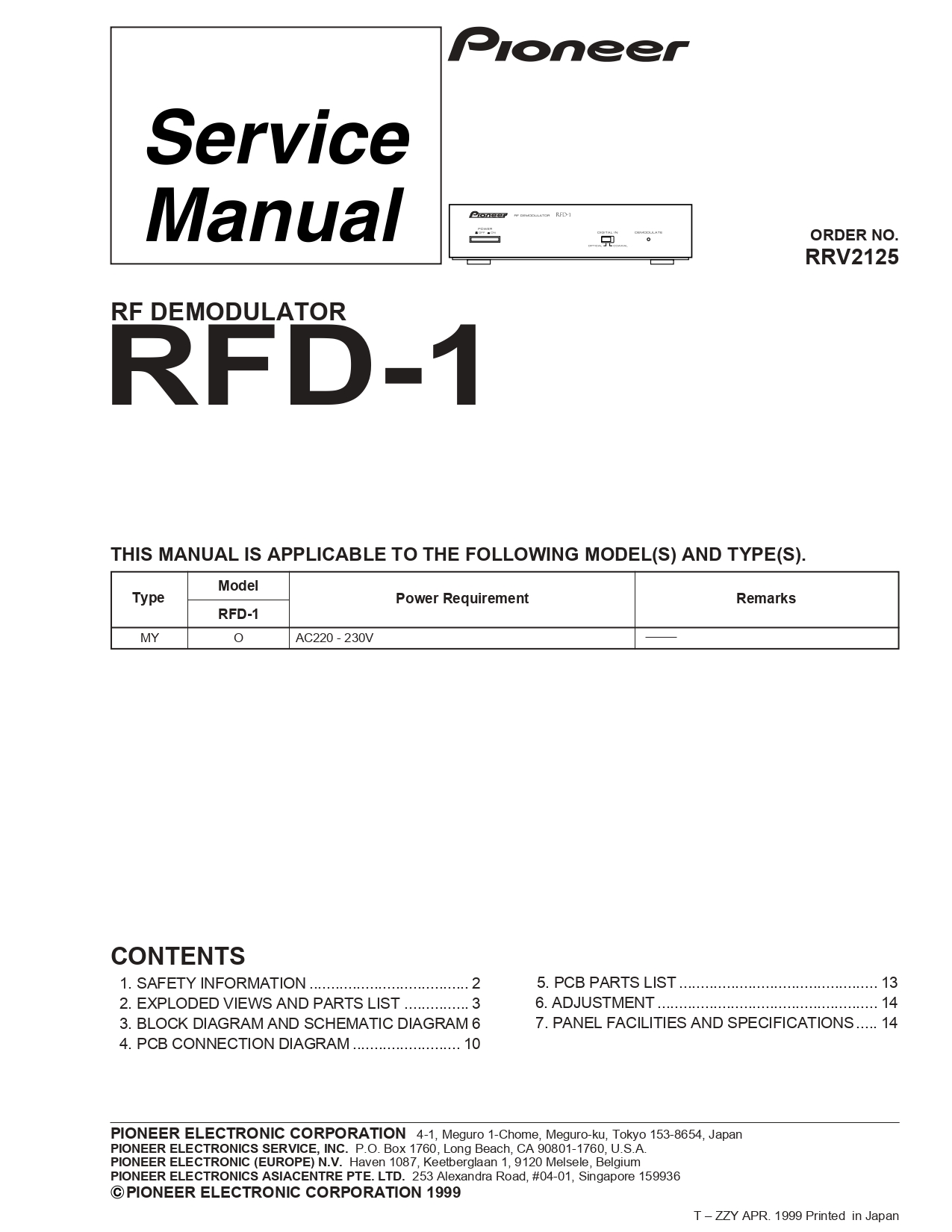 Pioneer RFD-1 RF Demodulator Service Manual Instant Download