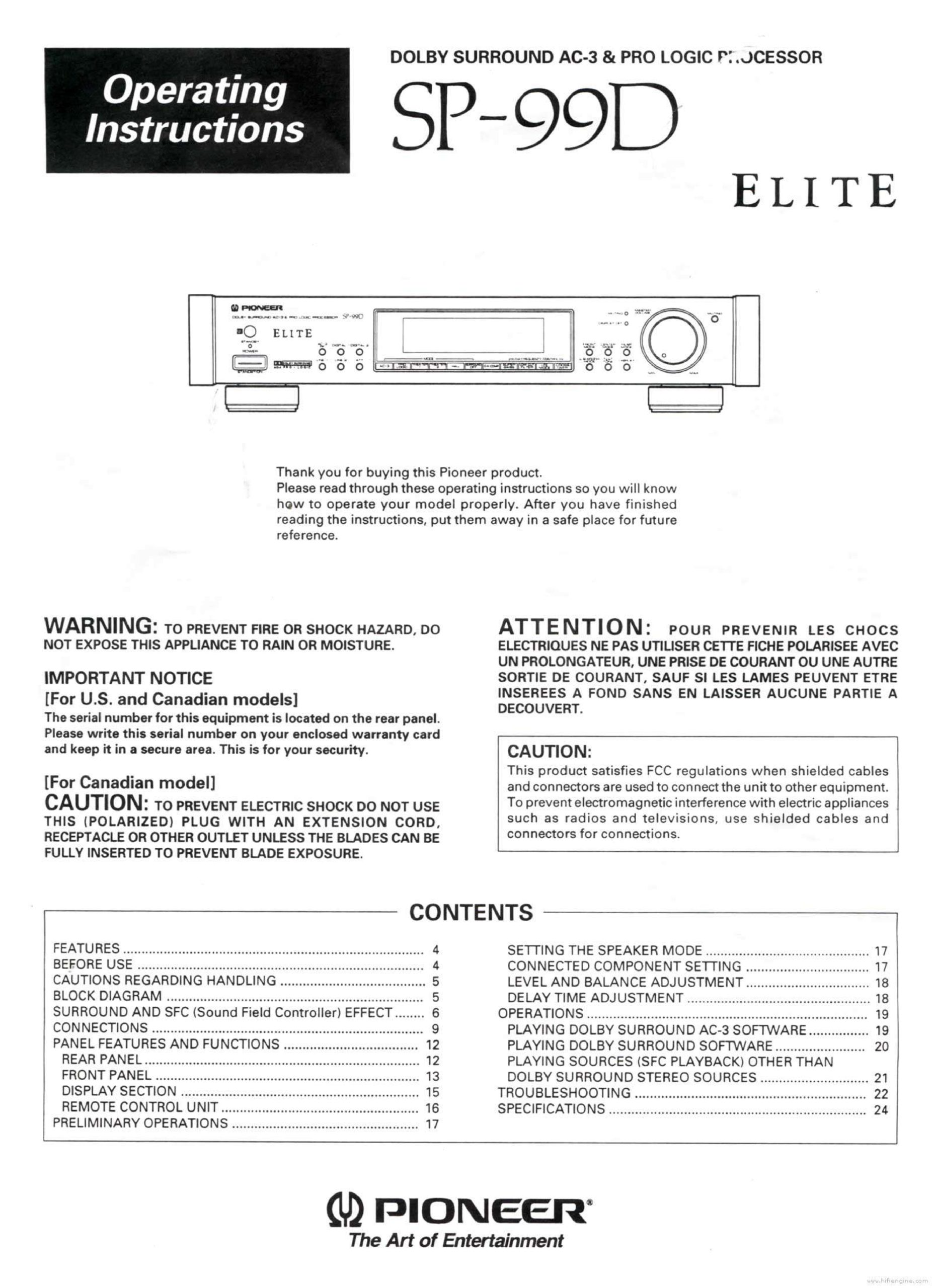 PIONEER ELITE DOLBY SURROUND AC-3 & PRO LOGIC PROCESSOR SP-99D