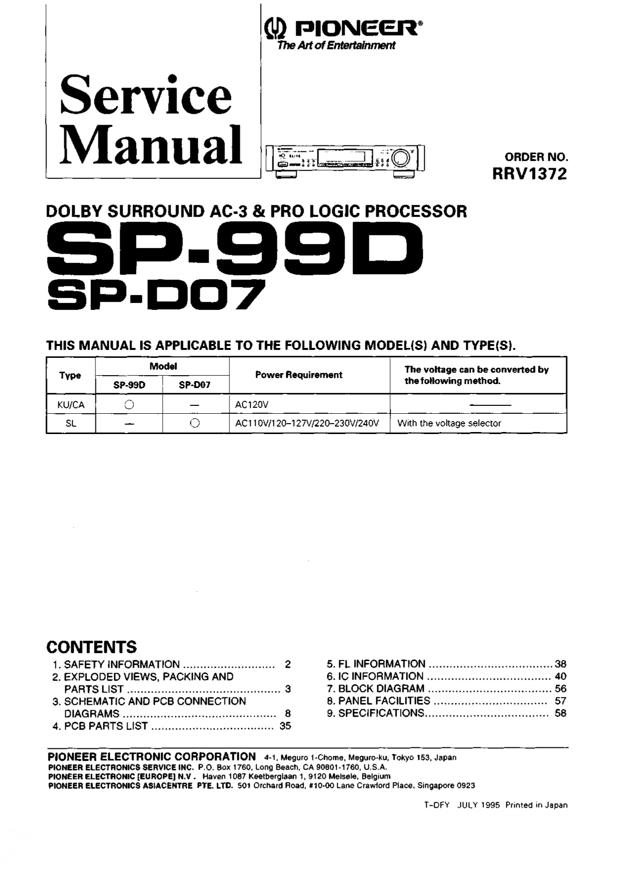 Pioneer SP-99D SP-D07 Dolby Surround AC-3 & Pro Logic Processor Service Manual Instant Download