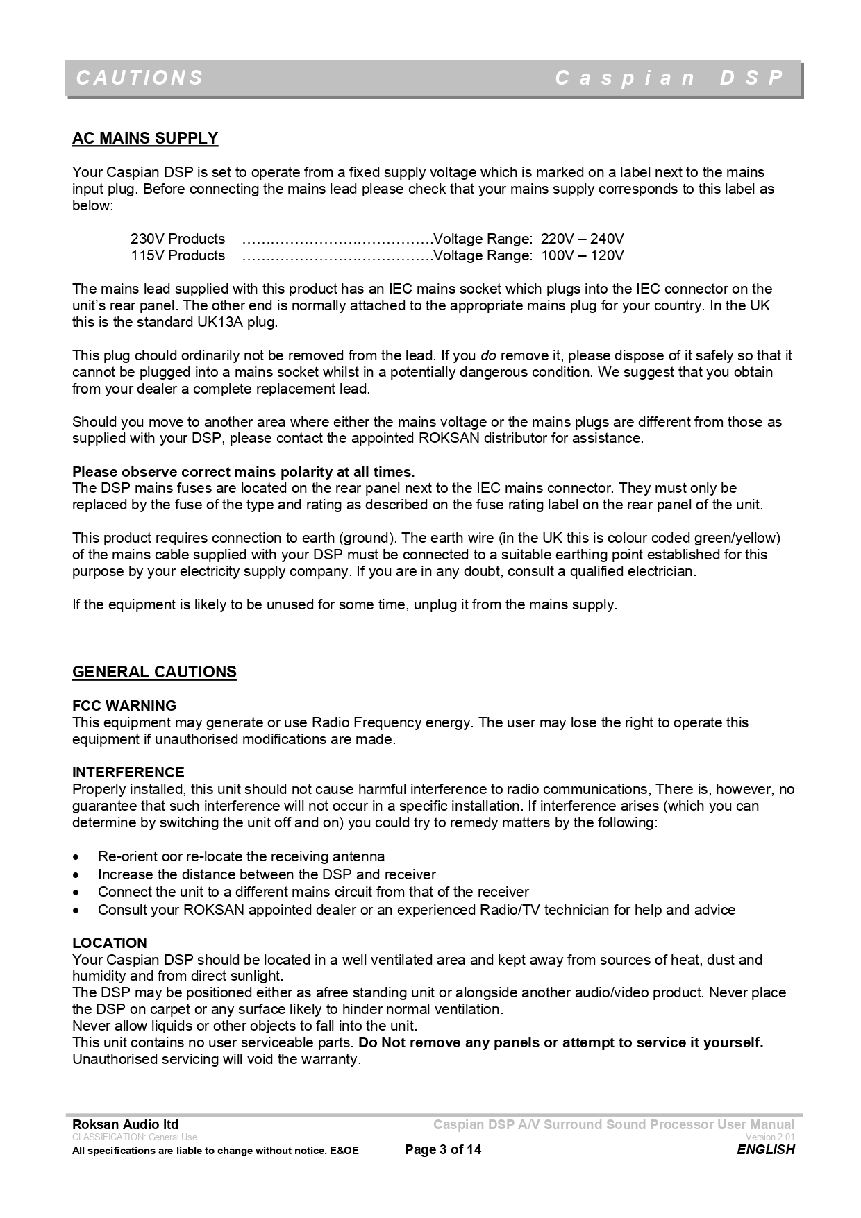 ROKSAN Caspian DSP A/V Digital Surround Sound Processor USER MANUAL - Image 3
