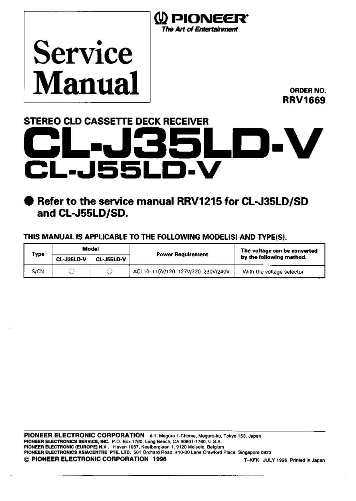 Pioneer CL-J35LD-V, CL-J55LD-V Service Manual (RRV1669) - Instant Download