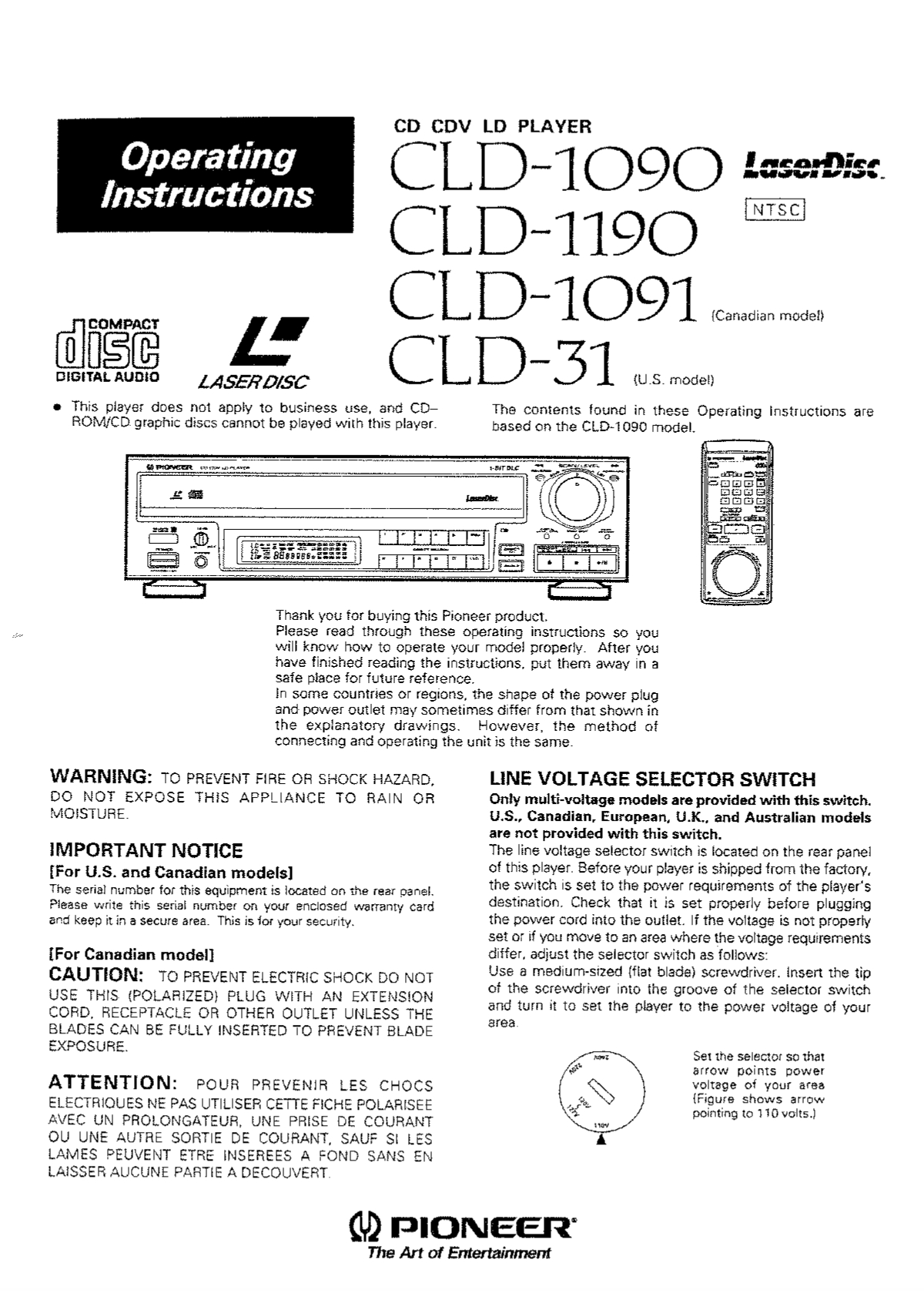 Pioneer CLD-1090, CLD-1190, CLD-1091, CLD-31 Operating Instructions - Instant Download