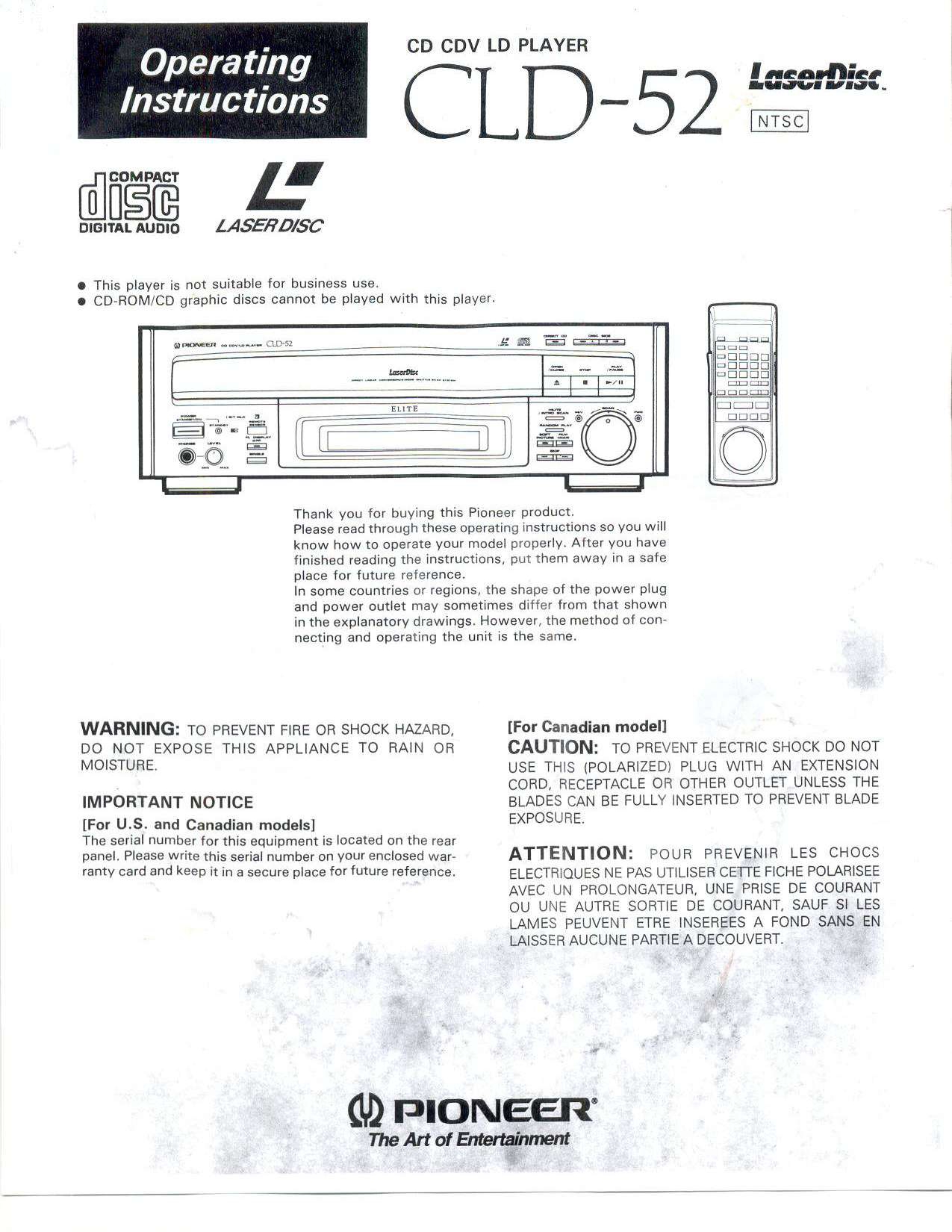 Pioneer CLD-52 Operating Instructions - Instant Download