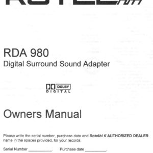 Rotel RDA-980 Digital Surround Sound Adapter Owners Manual Rotel RDA-980 Digital Surround Sound Adapter Owners Manual