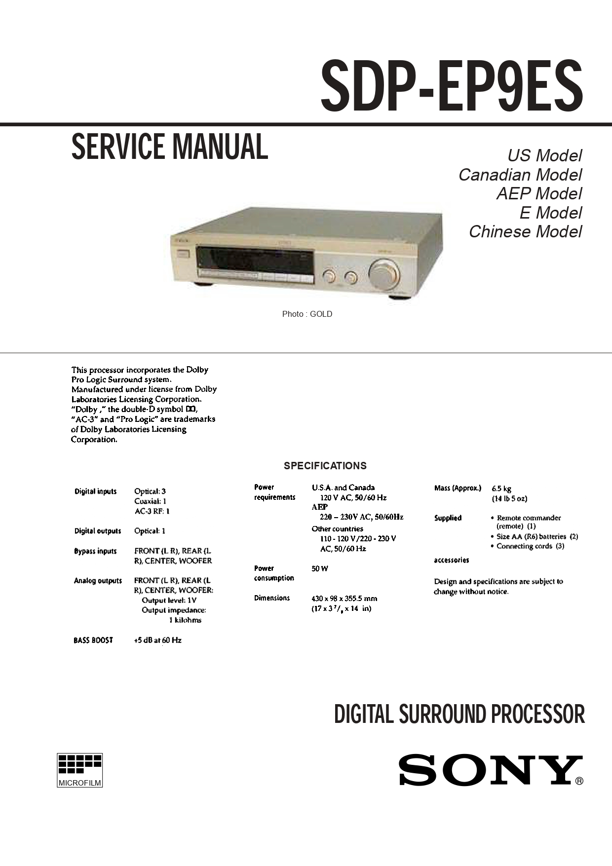 Sony SDP-EP9ES Digital Surround Processor Service Manual - Instant Download