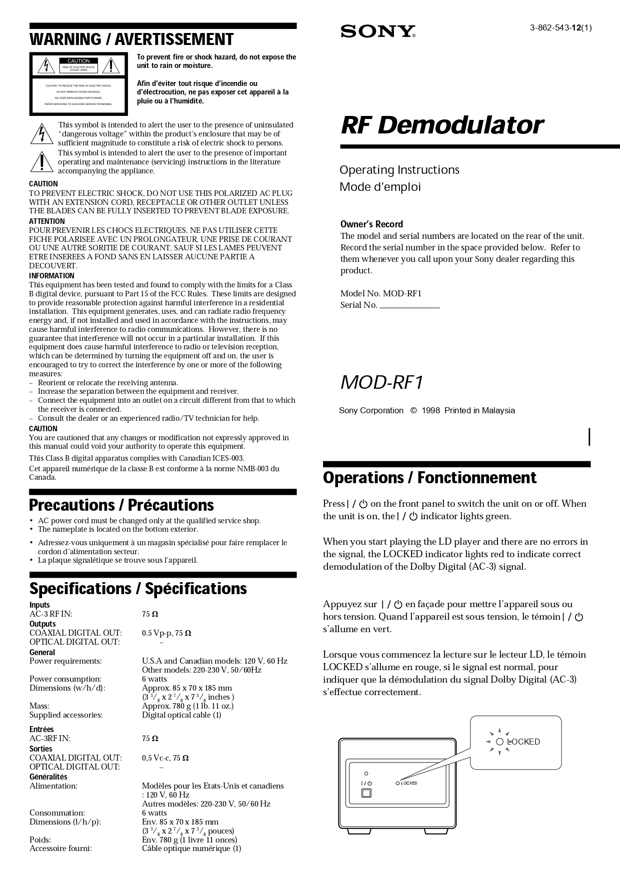 Sony MOD-RF1 RF Demodulator Operations/Fonctionnement Manual - Instant Download