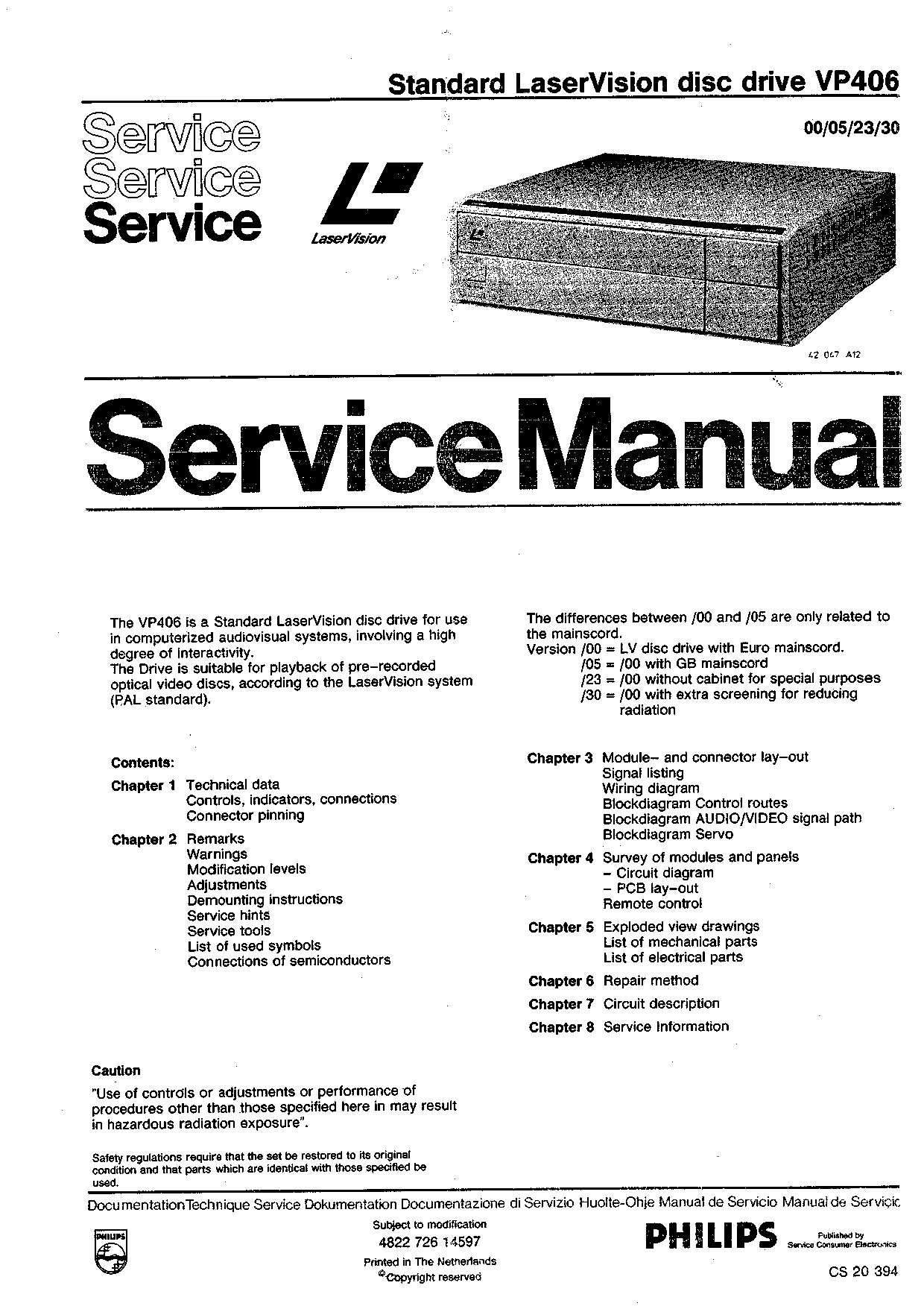Using the three provided images from the manual: Extract the full title, including the model number and brand name. Summarize the main sections and subsections. Highlight any detailed instructions or unique features. Manual Description: Standard LaserVision Disc Drive VP406 Service Manual