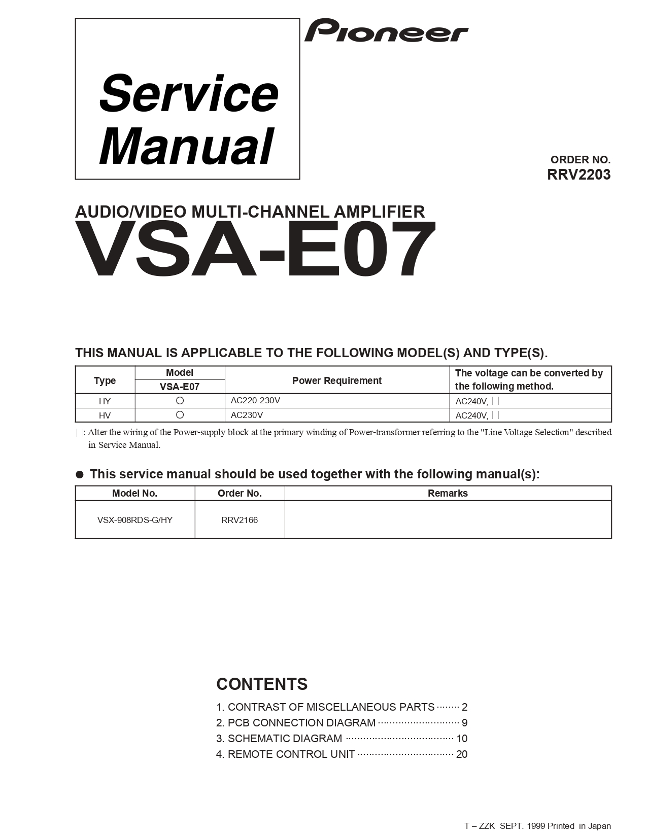 Pioneer VSA-E07 Audio/Video Multi-Channel Amplifier Service Manual (Order No. RRV2203) - Instant Download