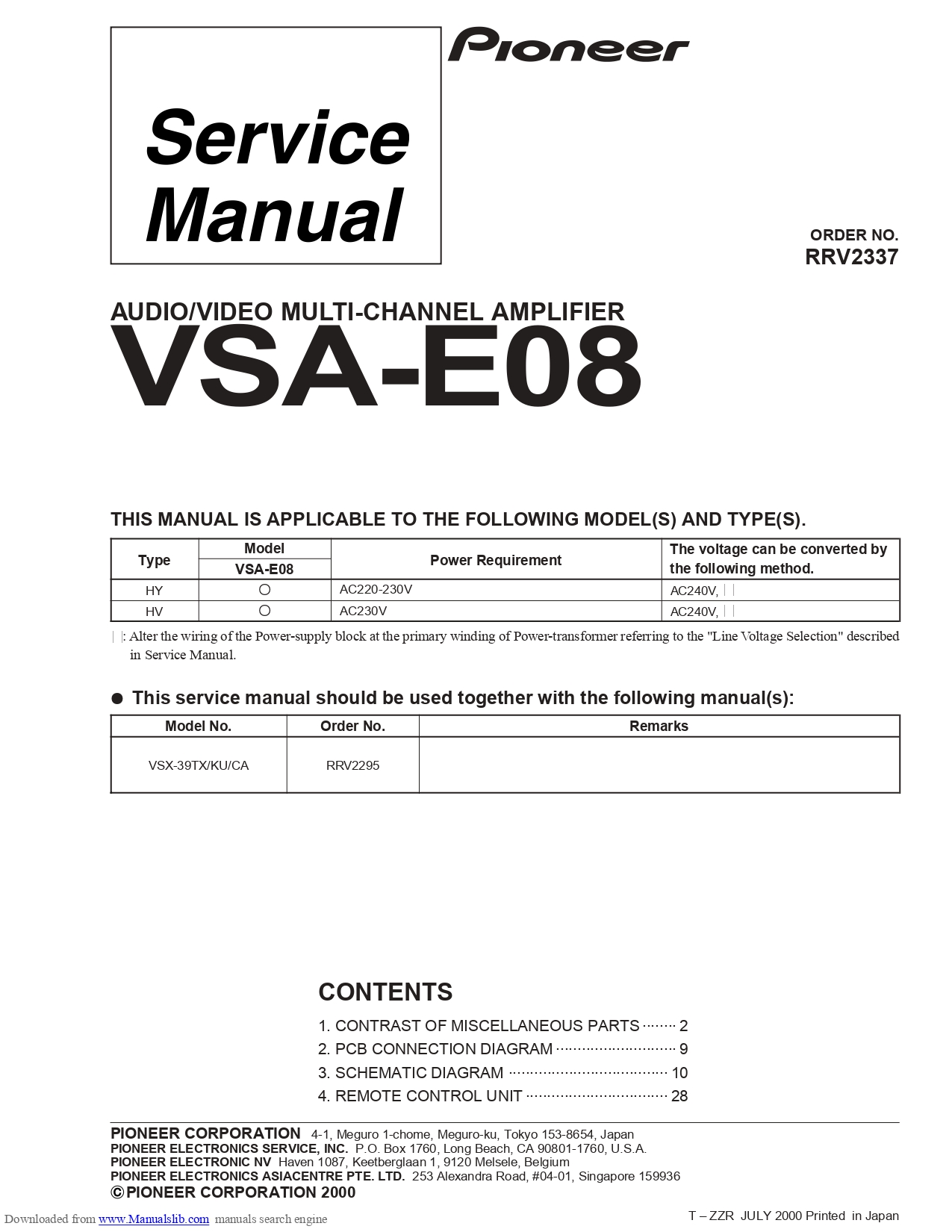 Pioneer VSA-E08 Audio/Video Multi-Channel Amplifier Service Manual (Order No. RRV2337) - Instant Download