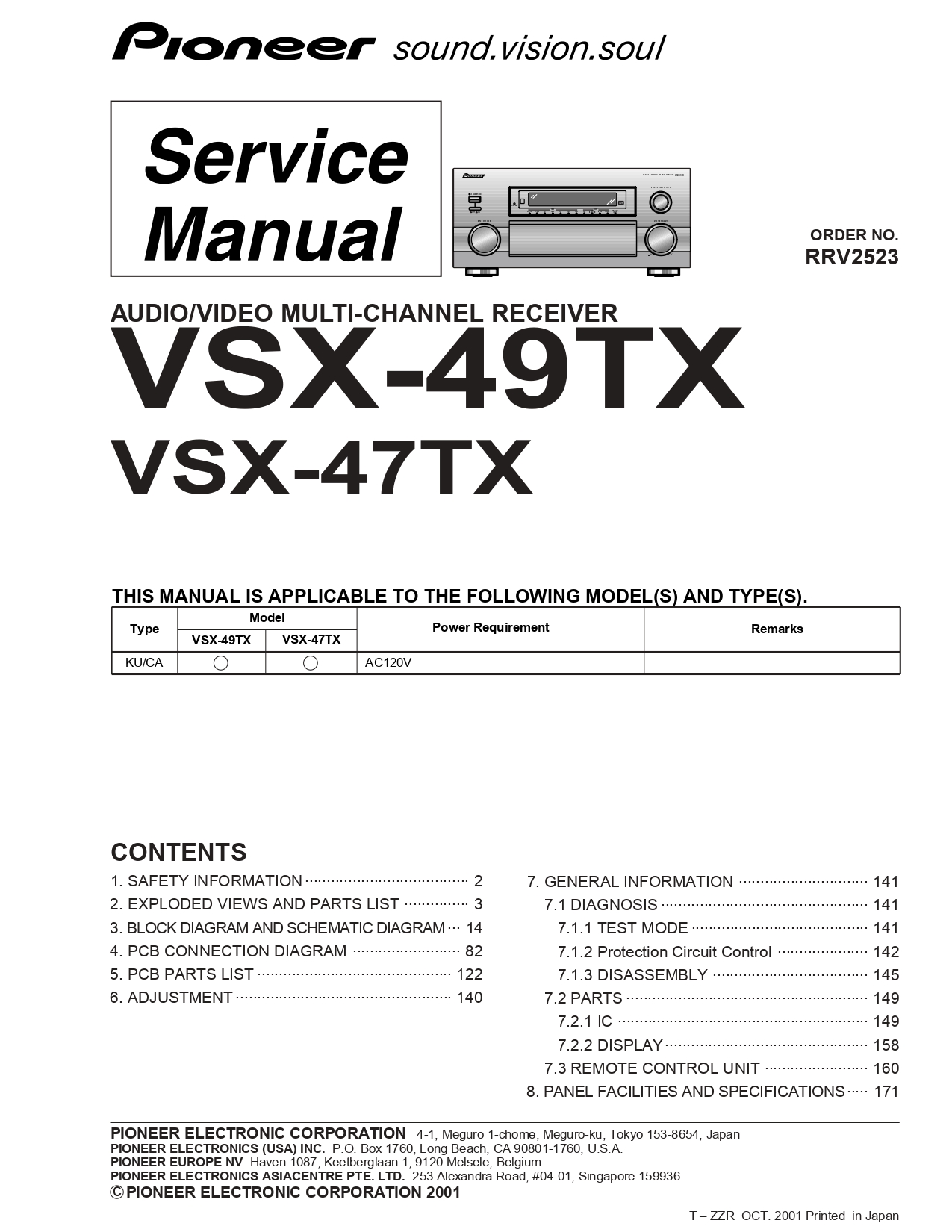 Pioneer VSX-49TX / VSX-47TX Audio/Video Multi-Channel Receiver Service Manual (Order No. RRV2523) - Instant Download