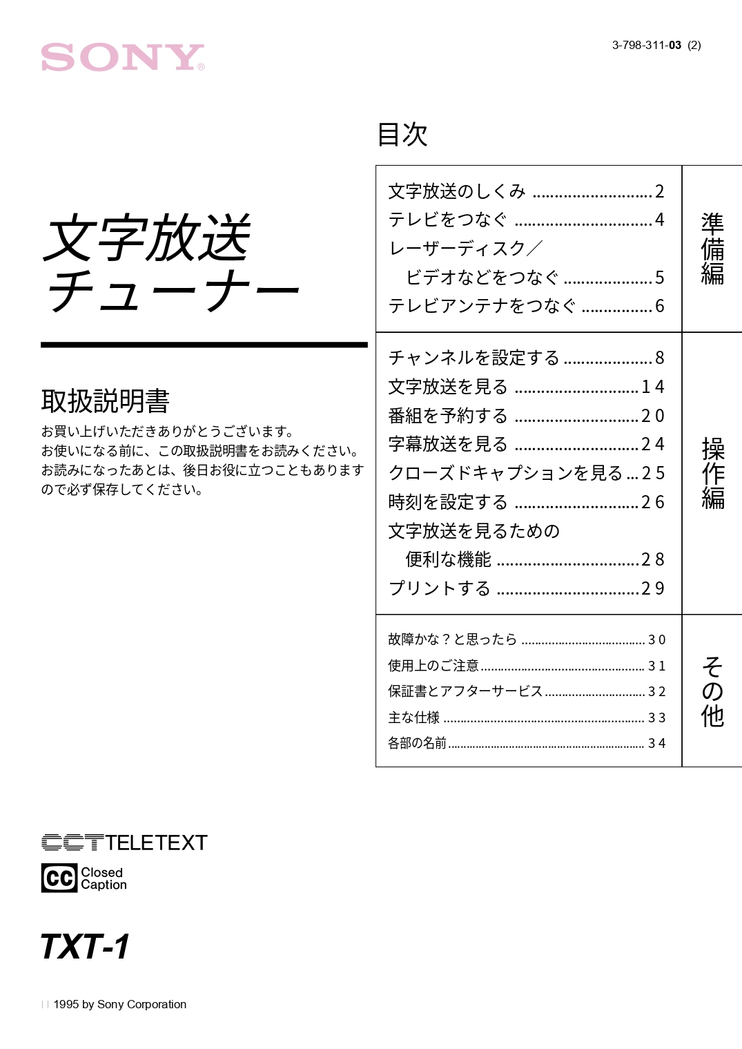 ⚡ SONY TXT-1 文字放送チューナー（Teletext Tuner）取扱説明書 - Instant Download