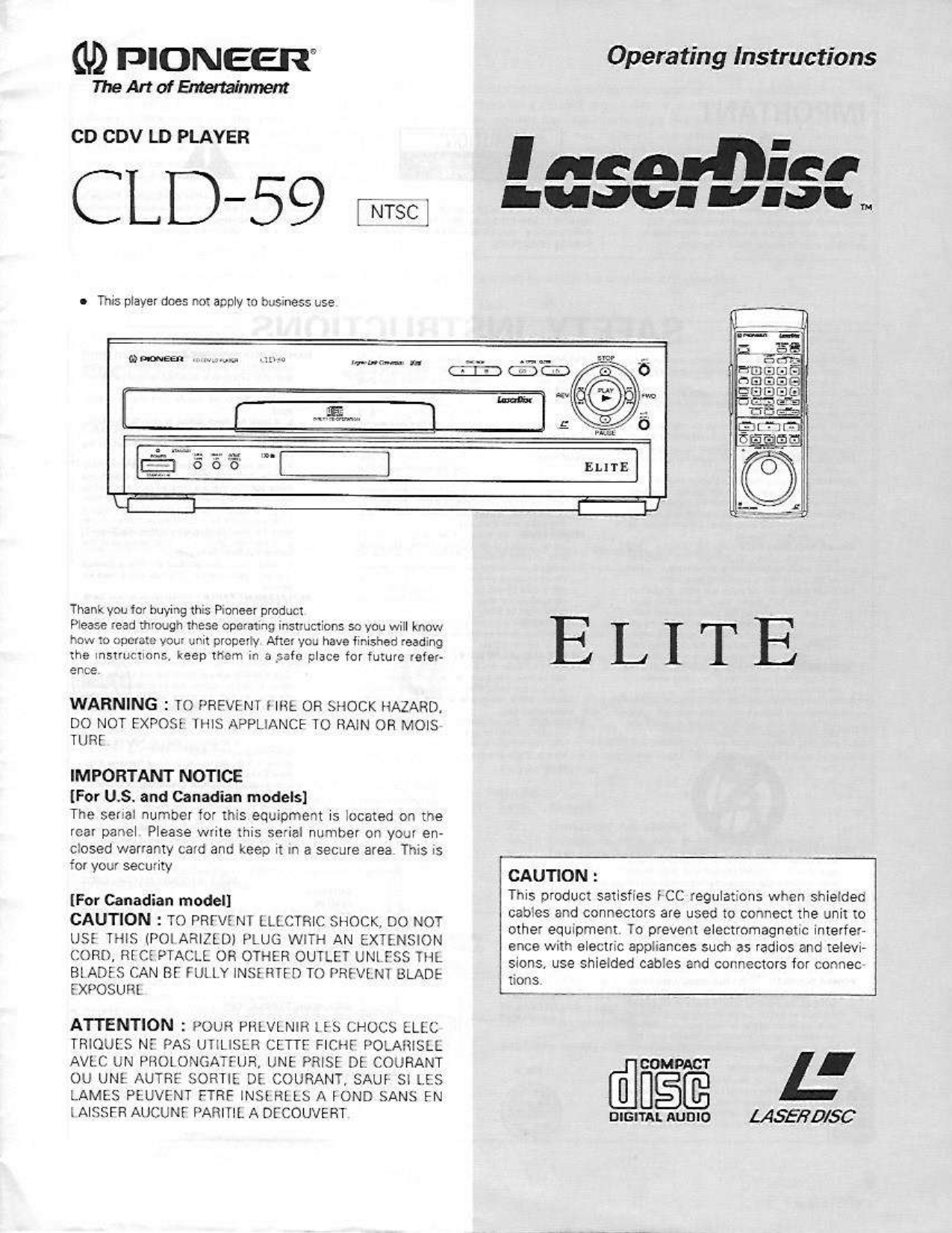 Pioneer CLD-59 CD CDV LD Player Operating Manual - INSTANT DOWNLOAD