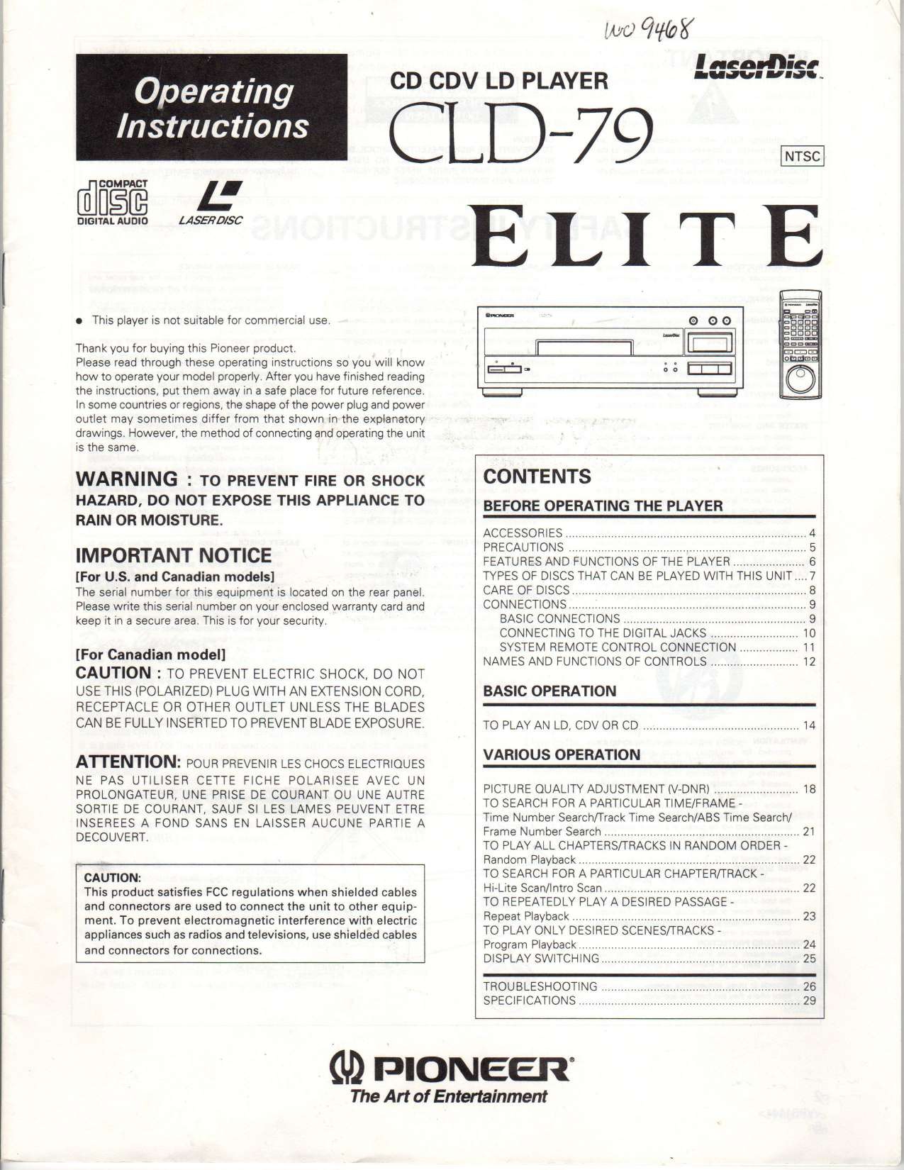 Pioneer ELITE CLD-79 CD CDV LD Player Operating Instructions - INSTANT DOWNLOAD