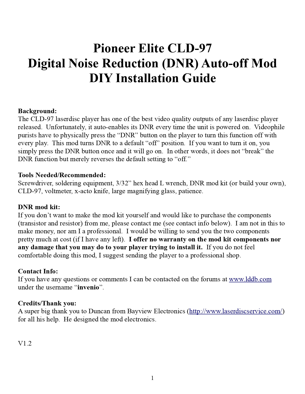 Pioneer ELITE CLD-97 CD CDV LD Player Service Manual & DNR Mod Guide - INSTANT DOWNLOAD