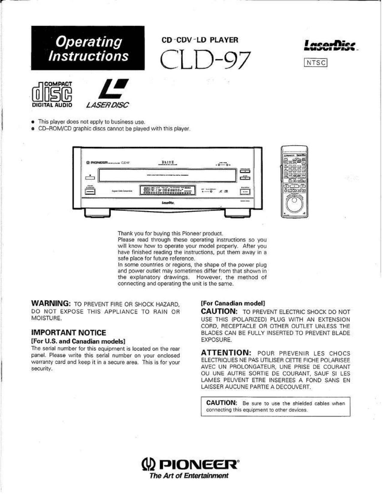 💿 Pioneer CLD-97 CD/CDV/LD Player Operating Instructions - INSTANT DOWNLOAD