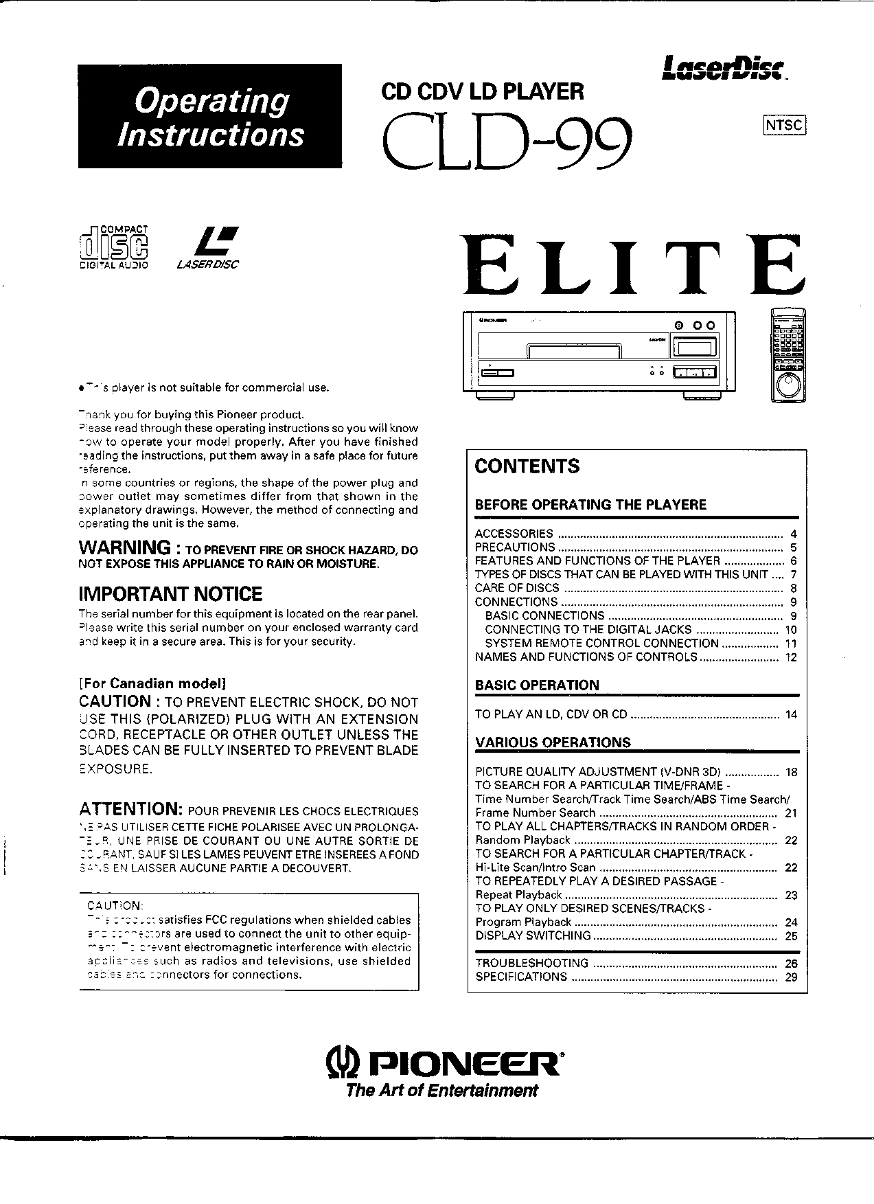 Pioneer CLD-99 CD CDV LD Player Operating Instructions - INSTANT DOWNLOAD