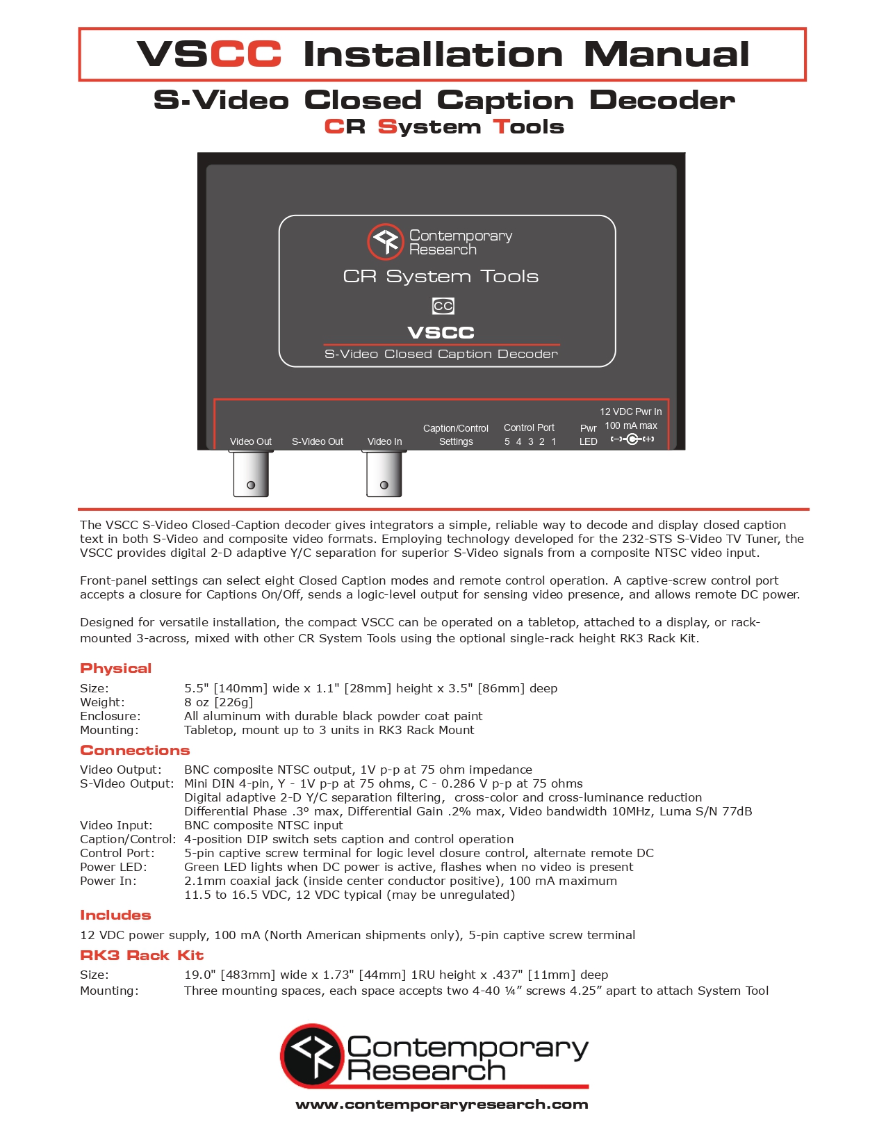 Contemporary Research VSCC S-Video Closed Caption Decoder Manual Overview